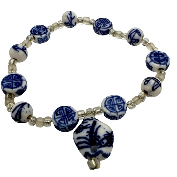 Vintage Blue White Porcelain Bead Bracelet Hand Painted Asian Symbols - Picture 1 of 5